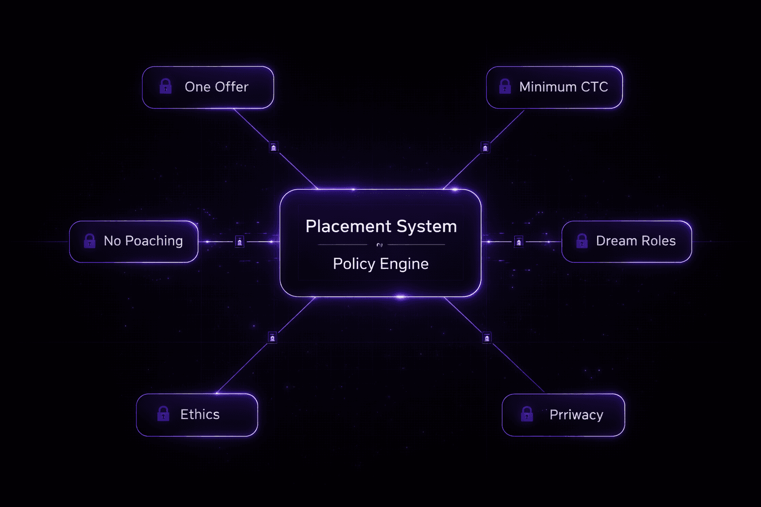 Placement System Policy Engine showing One Offer, Minimum CTC, No Poaching, Dream Roles, Ethics, and Privacy policies